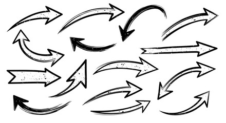 Collection of Hand-Drawn Grunge Black Arrows Pointing in Various Directions on White Background