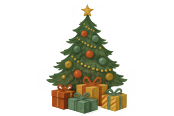 Christmas tree with star, festive ornaments, string lights, and multiple holiday presents. Celebrating winter tradition illustration