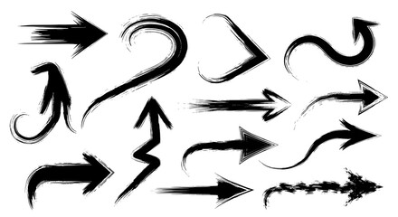 Collection of Hand-Drawn Black Brush Stroke Arrows Indicating Direction on White Background