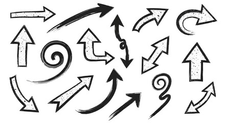 Collection of Hand-Drawn Grunge Arrows in Various Directions and Styles on White Background