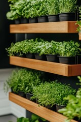 Rows of fresh green plants growing in black pots on wooden shelves, creating a vibrant vertical garden display.