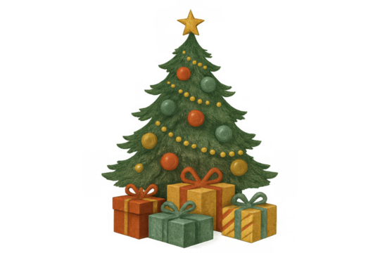 Christmas tree with star, festive ornaments, string lights, and multiple holiday presents. Celebrating winter tradition illustration