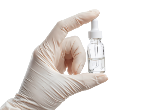 Gloved hand holds dropper bottle with clear liquid, conveying sterility, science, and skincare.