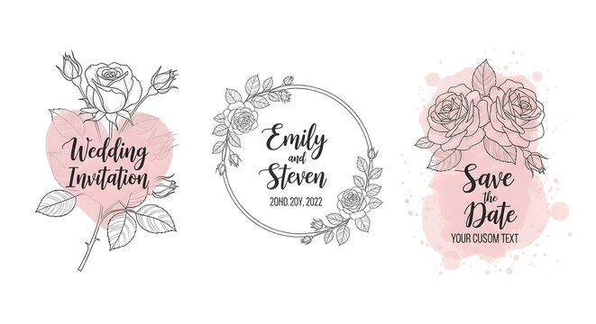 Collection of Elegant Wedding Invitation Templates with Hand Drawn Rose Line Art and Pink Accents
