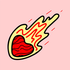 Heart shaped comet with fiery tail. Hand drawn flat vector. Valentine Day. Space object. Romantic holiday love. Postcard celebration. Wedding anniversary. Doodle illustration.