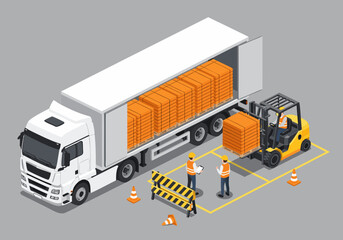 Isometric Truck Unloading Logistics, Delivery, and Transportation Services Icon Design