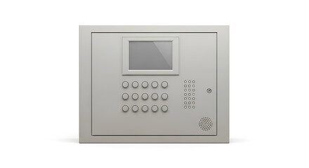 Modern security alarm system keypad with a digital screen and numeric buttons for home protection, isolated on a white background