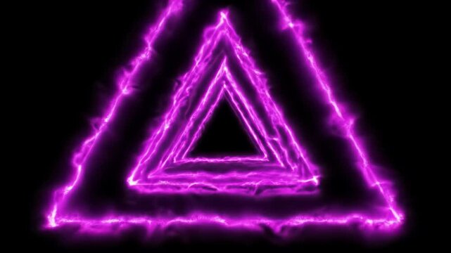 An equilateral triangle of vivid electric purple neon light pulsates, expands, contracts, flickers against an inky black void, casting an ethereal glow. Futuristic abstract neon concept.