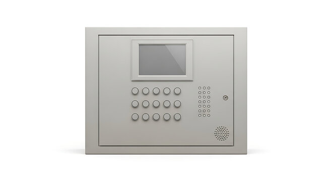 Modern security alarm system keypad with a digital screen and numeric buttons for home protection, isolated on a white background - Powered by Adobe