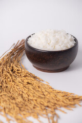 White rice in wooden bowl on white background, Rice from asia, Rice food of asian style
