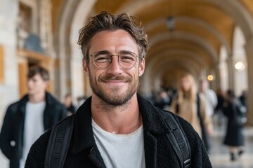Obraz premium Happy young man with glasses in a bustling corridor setting