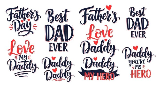 Typography Set Featuring Father's Day Greetings, 'Best Dad Ever,' and 'My Hero' Phrases