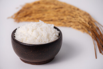 White rice in wooden bowl on white background, Rice from asia, Rice food of asian style