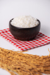 White rice in wooden bowl on white background, Rice from asia, Rice food of asian style
