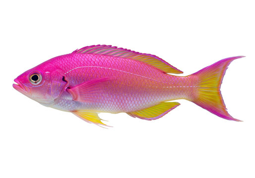 Isolated colorful Sea Goldie fish swims in studio with pink body, yellow fins and tail