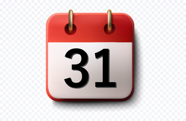 Vector illustration of a square desk calendar icon showing the number 31, red top bar and white page with metal rings, crisp glossy shading and soft shadow. Isolated on transparent background for app,