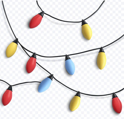Vector illustration of colorful string lights with red, yellow and blue bulbs on black wires, soft glossy shading and subtle shadows. Isolated on transparent background for holiday decor, web and prin