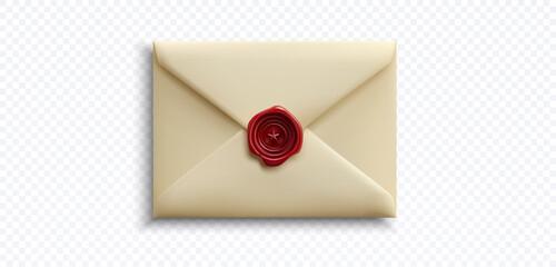 Vector illustration of a closed beige envelope with crossed flaps and red wax seal, soft folds, subtle shadows, and glossy highlights. Isolated on transparent background for branding, web, and print.