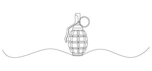 continuous line drawing of a hand grenade. The simple black line art depicts a military weapon, symbolizing war, danger, explosion, or conflict. The design represents strength, caution