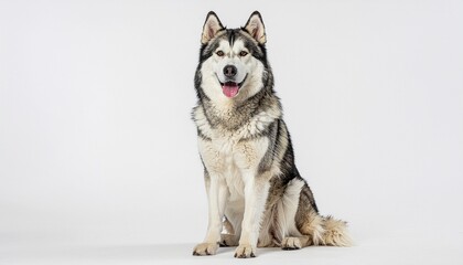 Majestic Siberian Husky Sitting on White Background with Playful Expression