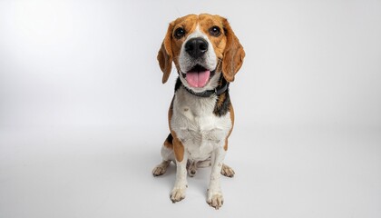 Happy Beagle Dog Sitting on White Background with Smiling Expression