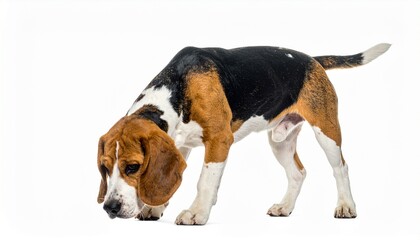 Playful Beagle Dog Sniffing on White Background in Studio Setting