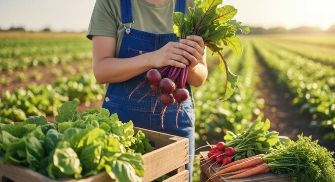 Farmer holding freshly harvested beets and carrots in a field at sunset, showcasing organic produce and sustainable agriculture