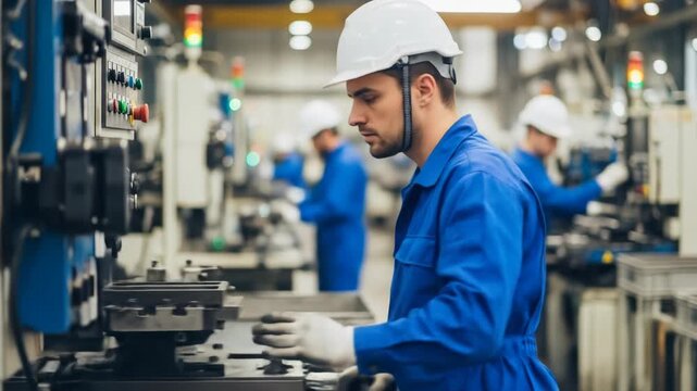 Worker in blue uniform and hard hat operates machinery in a factory setting