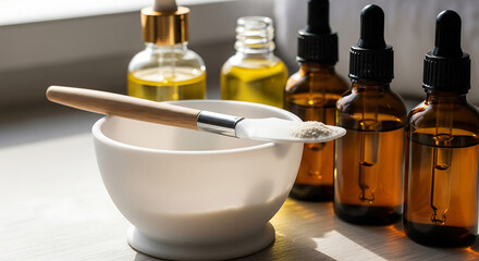 Skincare ingredients and tools for a spa-like beauty treatment at home