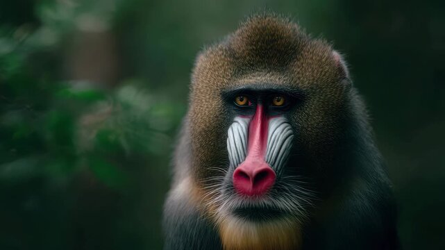A baboon looks curiously at its surroundings in a calm forest environment