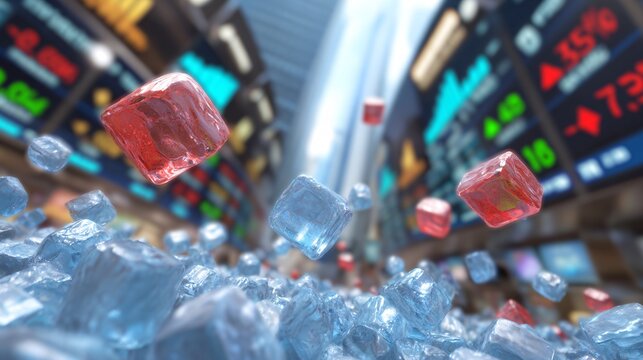 Futuristic stock exchange floor composed of floating blockchain cubes, stylized 3D illustration, energetic LED lighting