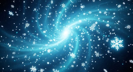 Cosmic swirl of glowing blue nebula with sparkling stardust and snowflake accents