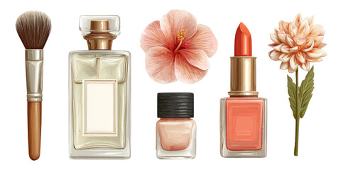 Elegant Cosmetic Essentials with Floral Accents in Transparent Background Style
