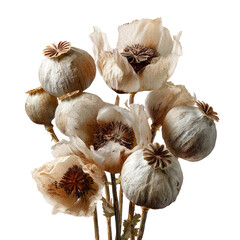 Dried poppy heads and petals in a textured neutral beige palette