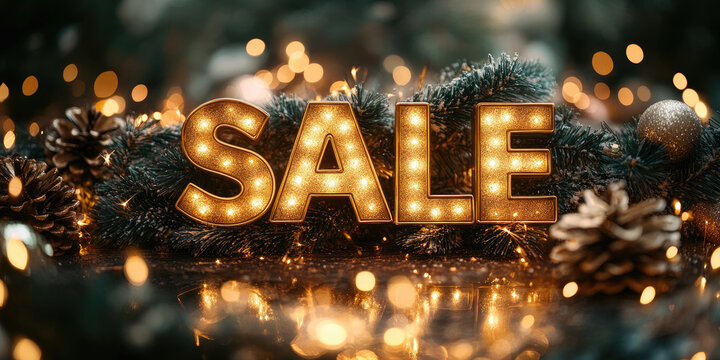 Festive Christmas sale banner with glowing gold letters surrounded by Christmas tree branches and sparkling lights, creating a luxurious holiday shopping atmosphere
