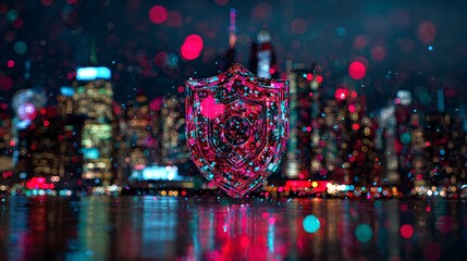 Futuristic digital shield protecting a high-tech city skyline, conceptual cybersecurity theme, 3D render, vibrant LED lighting
