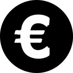 Bold white Euro currency sign icon within a solid black circle, symbolizing European finance, economy, and money transactions.