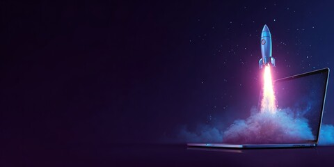 Rocket Launching from Laptop with Stars and Space Background