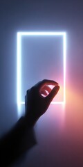 Glowing Neon Frame with Hand Reaching for Light Source