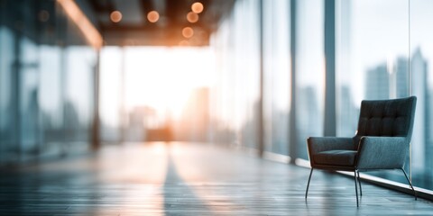 Modern Chair in Minimalistic Office with City View at Sunset