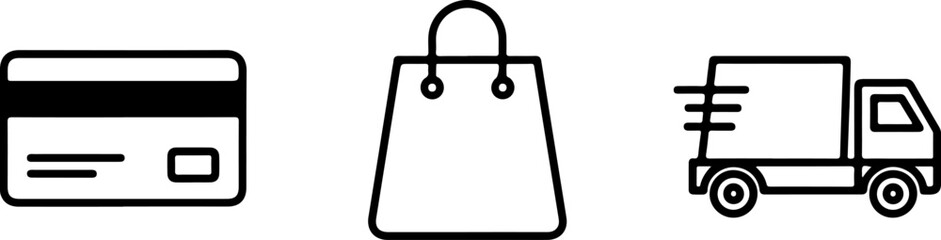 Outline icons depicting an e-commerce process: a credit card for payment, a shopping bag for purchase, and a delivery truck for shipping goods.