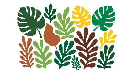 A vibrant collection of stylized tropical leaves in various shapes and colors on a white background.