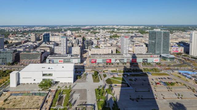Warsaw, Poland - July 02, 2025: A view eastward of Warsaw from the observation deck at the Palace of Culture and Science. The Museum of Modern Art is in the foreground.