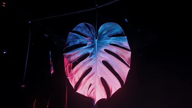 A glowing, split-leaf philodendron hangs against a stark black background, illuminated in neon pink and blue hues