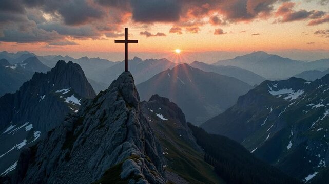 Majestic mountain range panorama with a solitary cross on the peak, bathed in twilight hues, slow aerial pan reveals dramatic landscape