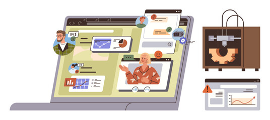 Online laptop interface showing video call, charts, analytics, and team collaboration 3D printer setup nearby. Ideal for innovation, teamwork, technology, education, design remote work