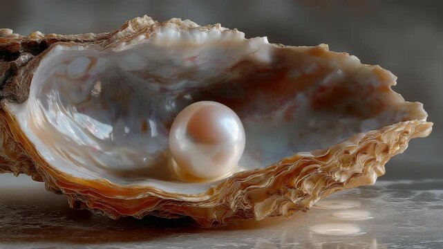 The rich beauty and inherent elegance of an open oyster shell are highlighted by a pearl nestled inside.