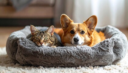 Cat and Corgi Relaxing Together in Cozy Pet Bed