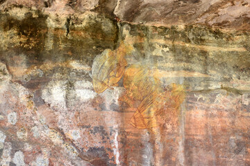 Close-up of a 30.000 years old Aboriginal rock painting of a fish motive at the Ubirr rock site in Kakadu National Park, Northern Territory, Australia