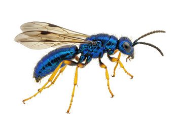 Isolated Cuckoo Wasp with Metallic Blue Body Resting against Clean Backdrop Studio Shot